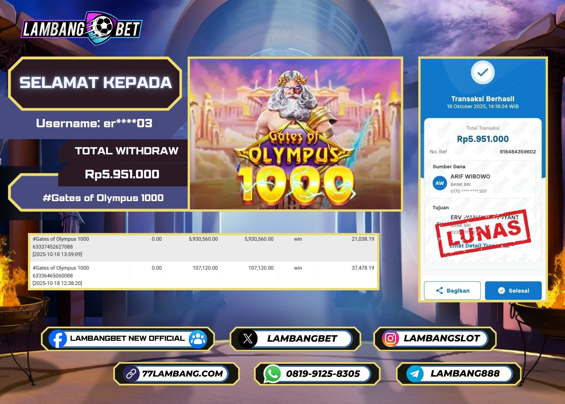 LAMBANGBET [18 OKTOBER 2025] JACKPOT SLOT Gates of Olympus 1000 "Rp5.951.000" LUNAS